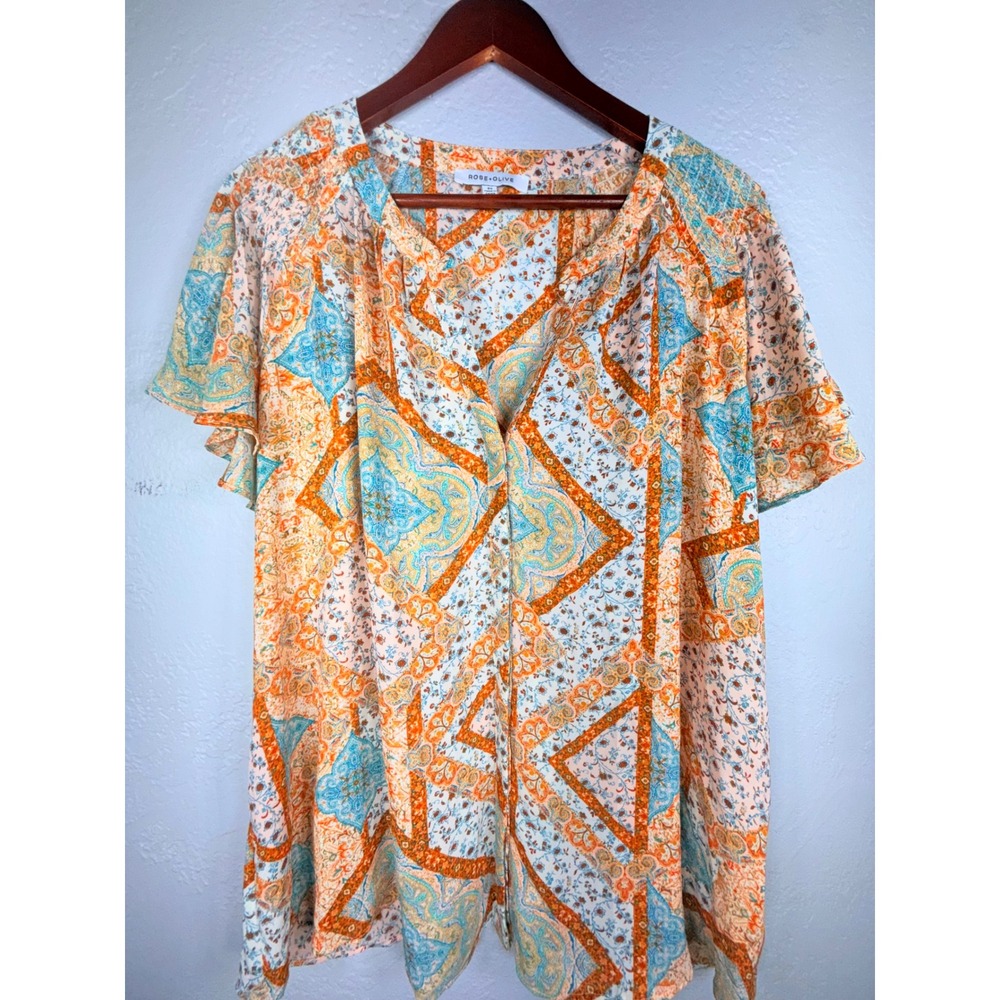Rose + Olive Womens 2X Paisley Geometric Button Front Flutter Sleeve Boho Blouse